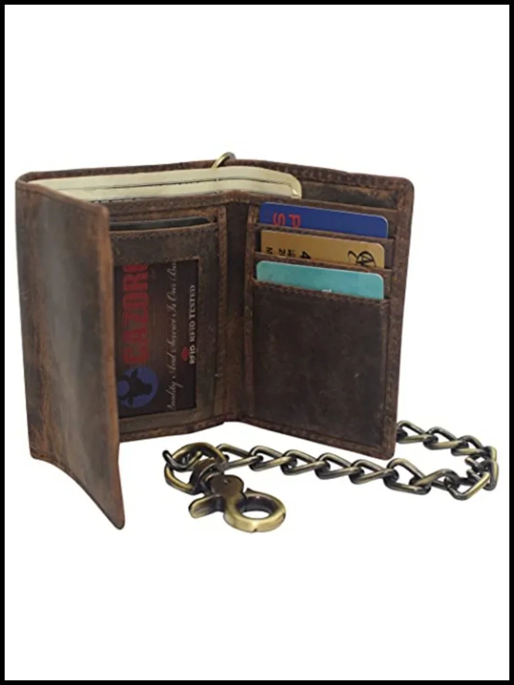 Men's RFID Blocking Trifold Leather Biker Wallet with Chain